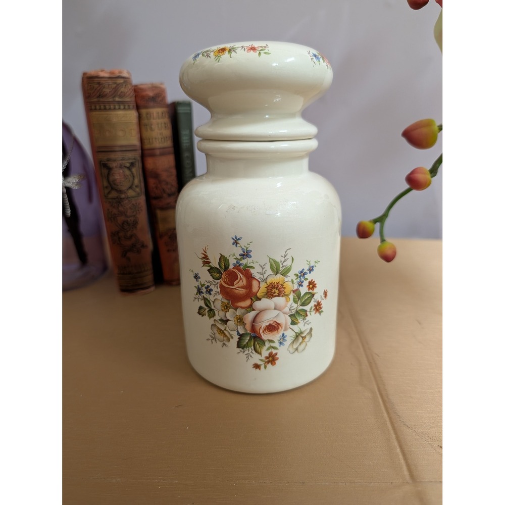 Vintage Handmade Ceramic Apothecary Jar Floral Accents‎ White Decor Signed